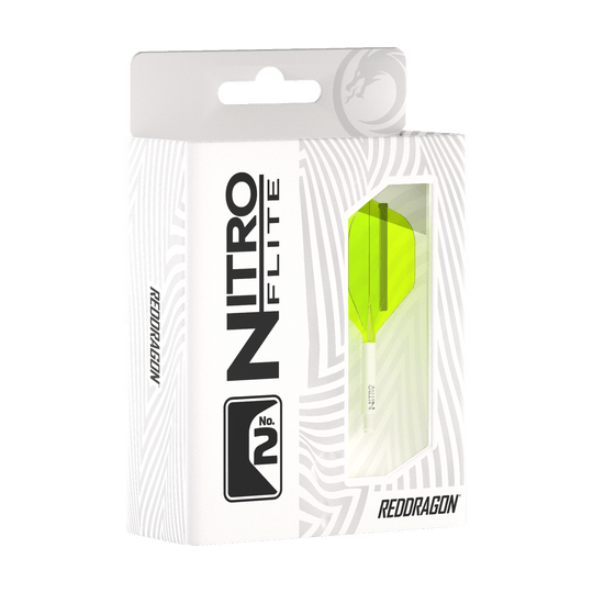 Die Abbildung zeigt eine Verpackung des Produkts "Red Dragon Nitroflite - White Shaft Yellow No2 Flights". In der Schachtel ist ein gelber Dart-Flügel mit weißem Schaft sichtbar.