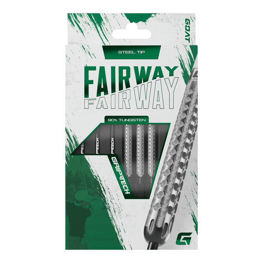 Lotki GOAT Fairway V1 ze stali wolframowej Die Abbildung zeigt eine Verpackung der GOAT Fairway V1 Tungsten Steeldarts. Die Darts haben eine Stahlspitze und bestehen zu 90% aus Tungsten.