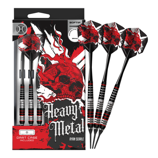 Harrows Heavy Metal Ryan Searle Brass Soft Darts Das Foto zeigt die Harrows Heavy Metal Ryan Searle Brass Softdarts in voller Länge. Die Darts sind komplett abgebildet und liegen nebeneinander.