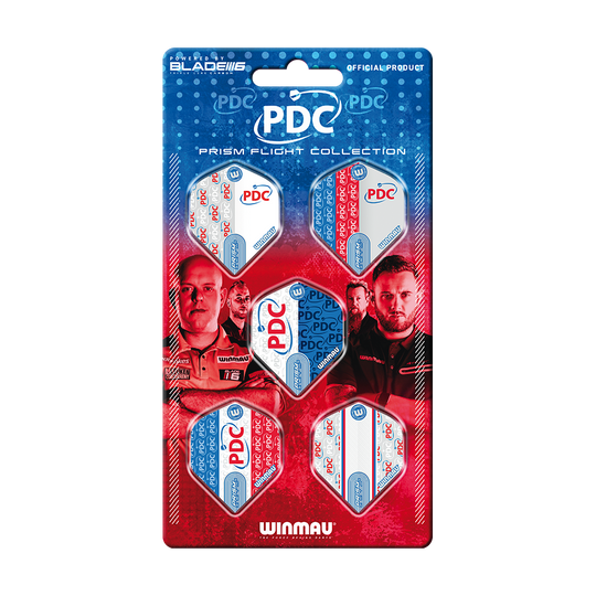 Kolekcja Winmau PDC Prism Flight Das Bild zeigt die "Winmau PDC Prism Flight Collection", eine offizielle Sammlung von Dart-Flights. Die Verpackung ist blau-rot gestaltet und zeigt fünf verschiedene Flights sowie Bilder von Dartspielern.