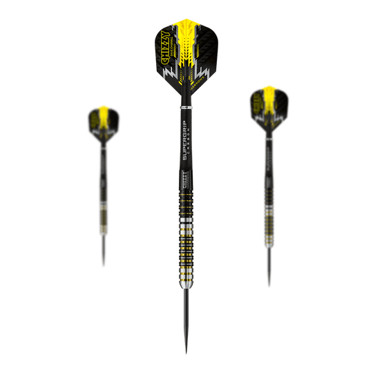 Stalowe lotki Chizzy firmy Harrow's Dave Chisnall Das Bild zeigt drei Steeldarts des Modells "Harrows Dave Chisnall Chizzy". Die Darts sind schwarz-gelb gestaltet und haben die Aufschrift "CHIZZY" auf den Flights.
