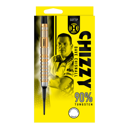 Miękkie rzutki Harrow's Dave Chisnall Chizzy Series 2 Die Verpackung zeigt die "Harrows Dave Chisnall Chizzy Series 2 Softdarts" mit einem Bild von Dave Chisnall. Auf der gelben Schachtel steht, dass die Darts aus 90% Tungsten bestehen.