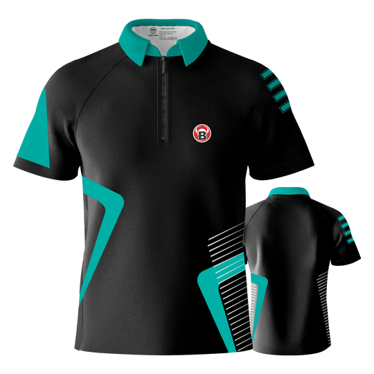 Das Bild zeigt das Bulls Team Dartshirt in der Farbe Mint. Das Shirt ist überwiegend schwarz mit mintfarbenen Akzenten und einem kleinen Logo auf der Brust.