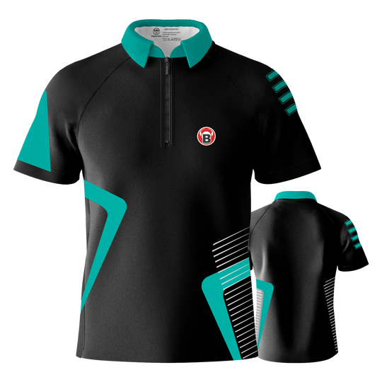 Koszulka Bulls Team Dart - Mięta Das Bild zeigt das Bulls Team Dartshirt in der Farbe Mint. Das Shirt ist überwiegend schwarz mit mintfarbenen Akzenten und einem kleinen Logo auf der Brust.