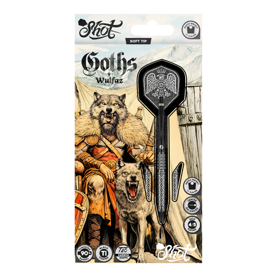 Miękkie lotki Shot Goths Wulfaz - 20g Auf dem Bild sind die Shot Goths Wulfaz Softdarts mit 20g Gewicht zu sehen. Das moderne Design sorgt für ein optimales Dartspiel.