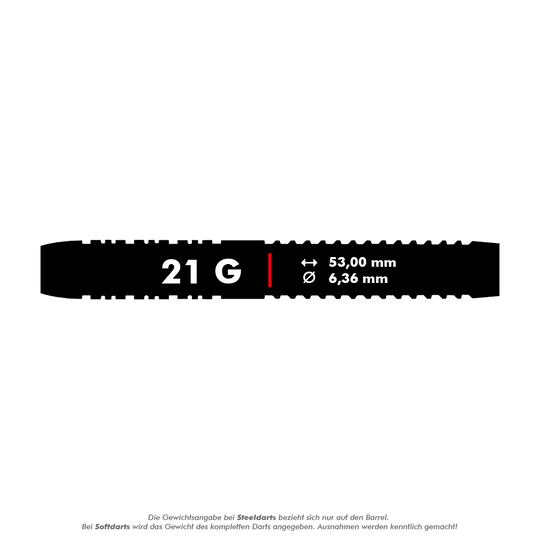 2466_Winmau_Florian_Hempel_Softdarts_5_21g Das Bild zeigt einen schwarzen Dart-Barrel mit der Aufschrift "21 G". Die Maße des Barrels sind 53,00 mm Länge und 6,36 mm Durchmesser.
