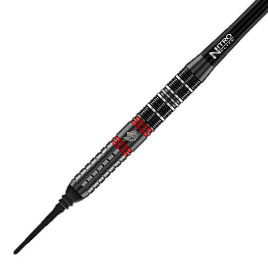 Abgebildet sind die Red Dragon Jonny Clayton RD-ULTRA Softdarts mit 18g. Die Darts besitzen rote und schwarze Akzente und ein charakteristisches Flight-Design.