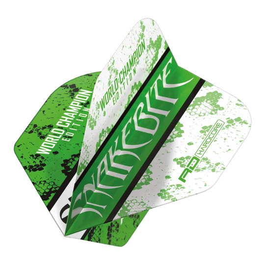 Czerwony Smok Peter Wright Ukąszenie Węża Zielono-Białe Yin Yang Standardowe Loty Das Bild zeigt ein Dart-Flight mit grün-weißem Design und dem Aufdruck "Snakebite" sowie "World Champion Edition". Es handelt sich um das Modell "Red Dragon Peter Wright Snakebite Green White Yin Yang Standard Flights".