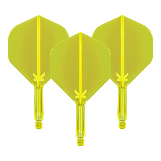 System lotu Target K-Flex No2 Standard – neonowożółty Abgebildet ist das Target K-Flex No2 Flight-System in Neon-Gelb, 19mm. Es handelt sich um ein Set Dart-Flights und -Shafts für den Dartsport.