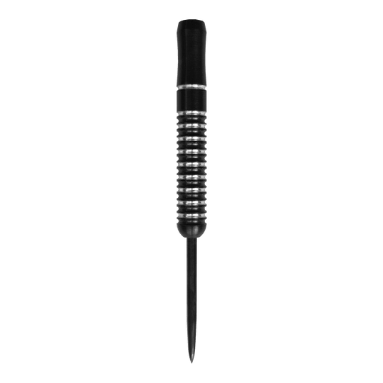 Beczki McDart Void Steeldart - 23g Das Bild zeigt einen McDart Void Steeldart Barrel mit einem Gewicht von 23g. Der Dart hat ein schwarz-silbernes Rillenmuster und eine spitze Metallspitze.