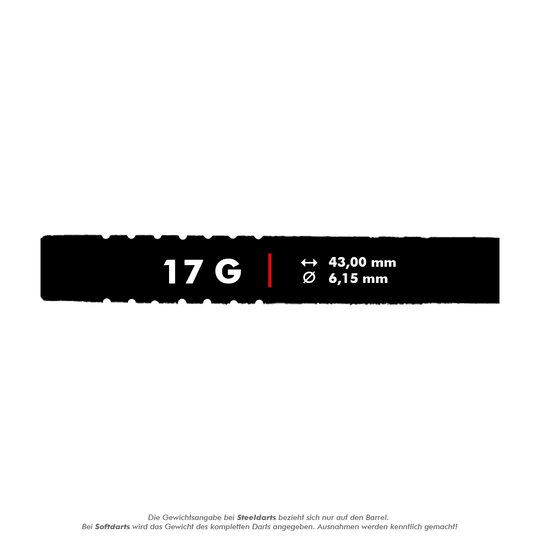 Lotki miękkie McDart 85 Tungsten V1 - 17g Das Bild zeigt die Produktinformationen zu den McDart 85er Tungsten V1 Softdarts mit einem Gewicht von 17 Gramm. Die Darts sind 43,00 mm lang und haben einen Durchmesser von 6,15 mm.