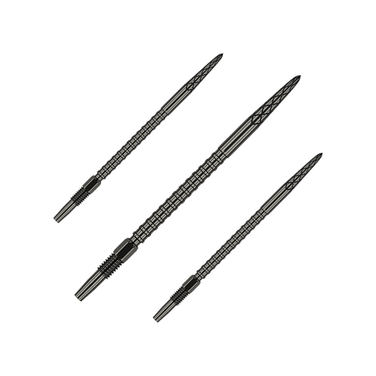 Groty do lotek Target Swiss DS Surge Point - czarne Das Bild zeigt drei schwarze Dartspitzen mit feinen Rillen und Mustern. Sie sind nebeneinander auf einem grünen Hintergrund angeordnet.