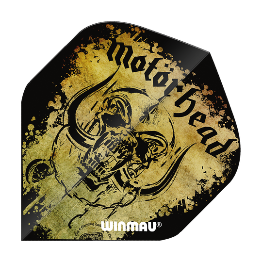 6905-241_Winmau_Motorhead_Acid_Splat_Standard_Flights_1 Das Bild zeigt einen Dart-Flügel mit dem Schriftzug "Motörhead" und einem auffälligen Totenkopf-Design. Unten steht das Logo "Winmau" auf einem gelb-schwarzen, gesprenkelten Hintergrund.