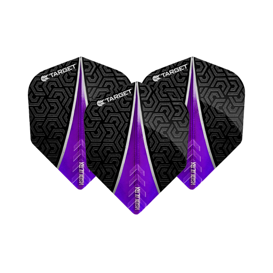 TG56_331000_Target_Vision_Ultra_Purple_No6_Flights_1zczejHmMopWRu Das Bild zeigt drei Target Vision Ultra Purple No6 Flights. Die Flights sind schwarz mit einem lila Streifen und geometrischem Muster gestaltet.
