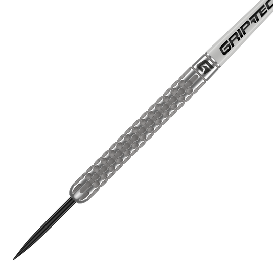 Lotki GOAT Fairway V1 ze stali wolframowej Das Bild zeigt einen GOAT Fairway V1 Tungsten Steeldart. Der Dart hat eine silberne, strukturierte Oberfläche und eine schwarze Spitze.