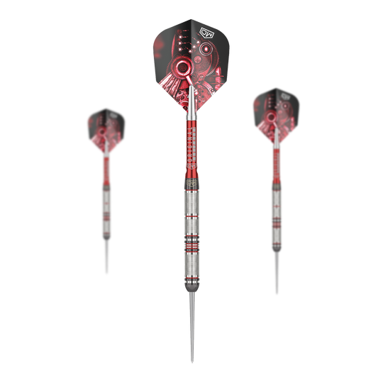 Stalowe lotki DW Piranha Razor 01 Das Bild zeigt drei Steeldarts des Produkts "DW Piranha Razor 01". Die Darts haben silberne Griffe mit roten Akzenten und Flights mit einem roten Zahnrad-Motiv.