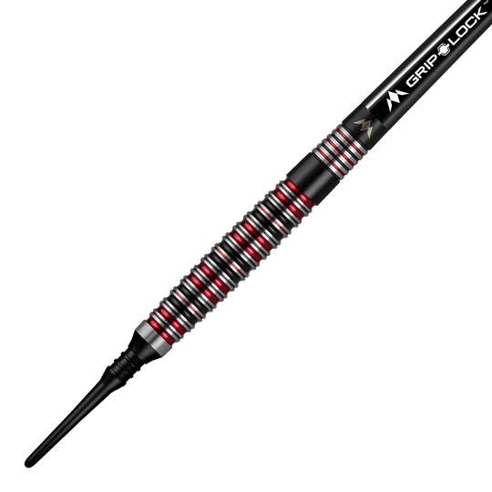 Das Bild zeigt einen Mission Red Dawn Model 3 Softdart mit einem Gewicht von 20 Gramm. Der Dart hat ein modernes Design mit schwarzen, silbernen und roten Akzenten.