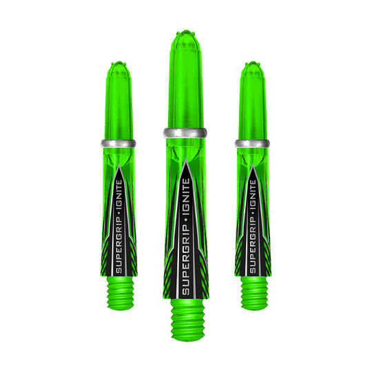 HR389_Harrows_Supergrip_Ignite_Shafts_Gr-n_33mm_1 Das Bild zeigt drei grüne Harrows Supergrip Ignite Shafts. Sie sind transparent und tragen den Aufdruck "SUPERGRIP IGNITE".