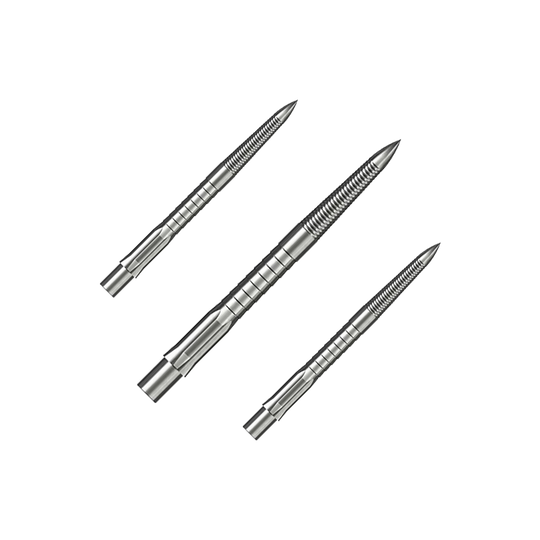 Stalowe końcówki do lotek Caliburn System - Micro Grip - srebrne Das Bild zeigt drei silberne Steeldartspitzen mit feinem Micro-Grip. Sie sind 28 mm lang und sauber nebeneinander angeordnet.