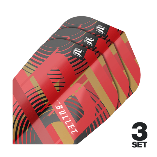 Lotki Target Pro Ultra Stephen Bunting GEN5 No6 - 3 zestawy Das Bild zeigt drei Sätze der Target Pro Ultra Stephen Bunting GEN5 No6 Flights. Die Flights sind rot, schwarz und gold gefärbt und tragen das Wort "BULLET".