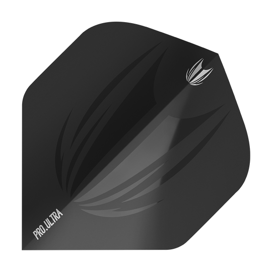 TG408_Target_ProUltra_ID_Black_No2_Standard_Flights_1 Das Bild zeigt das Produkt "Target ProUltra ID Black No2 Standard Flights". Es handelt sich um ein schwarzes Dart-Flügel mit dezentem Muster und weißem "PRO ULTRA"-Schriftzug.