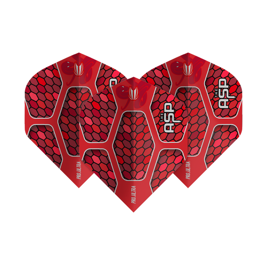 TG387_334450_Target_ProUltra_Nathan_Aspinall_Red_No2_Standard_Flights_1SjuyQK3uki7M6 Auf dem Bild sind drei rote Dart-Flights mit Wabenmuster und der Aufschrift "THE ASP" sowie "PRO ULTRA" zu sehen. Es handelt sich um das Produkt "Target ProUltra Nathan Aspinall Red No2 Standard Flights".