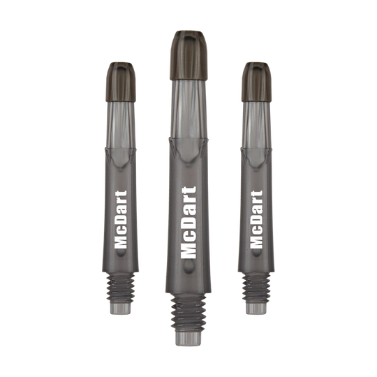 Das Bild zeigt drei gerade, schwarze Dart Shafts mit der Aufschrift "McDart". Es handelt sich um das Produkt "3 Satz L-Style Shafts mit Wunschdruck - Locked Straight - 32 mm".