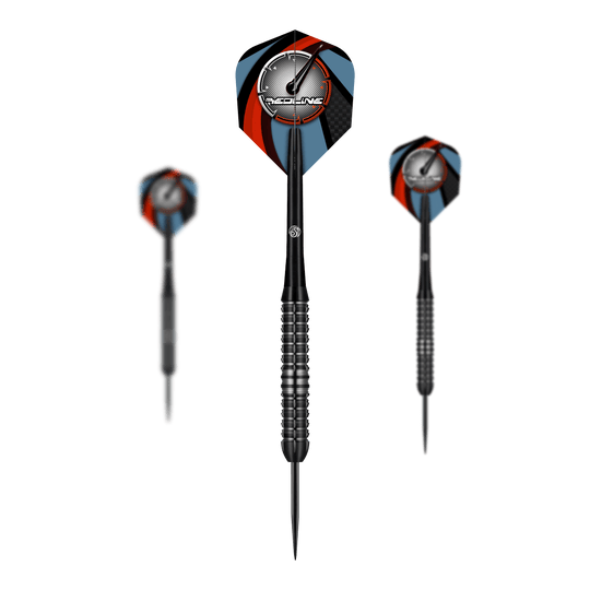 Strzały Redline Blazed Steel Darts Das Bild zeigt drei Steeldarts des Produkts "Shot Redline Blazed". Die Flights sind mit einem schwarz-roten und blauen Muster sowie dem Redline-Logo gestaltet.