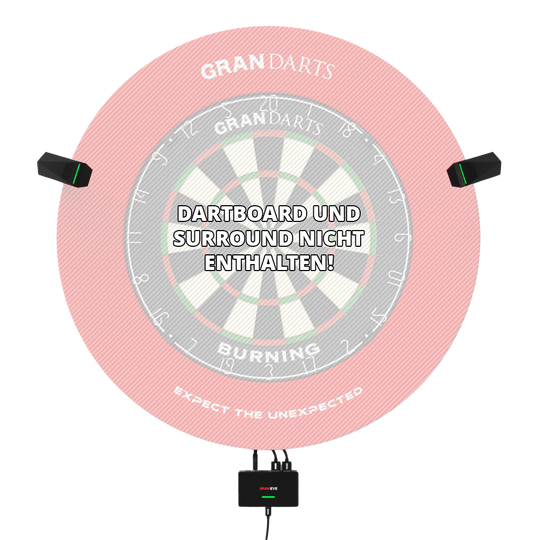 GranDarts Gran Eye GEN2 Steeldart automatyczny system punktacji Das Bild zeigt das GranDarts GranEye Steeldart Auto-Scoring-System mit Kameras und einer Steuereinheit. In der Mitte steht der Hinweis: "Dartboard und Surround nicht enthalten!"