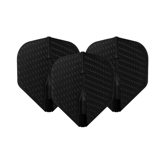 Loty w stylu L Dimple Champagne L1EZ Standard Auf dem Bild sind drei schwarze Dart-Flights mit Dimple-Oberfläche zu sehen. Sie stehen nebeneinander und sind identisch geformt.