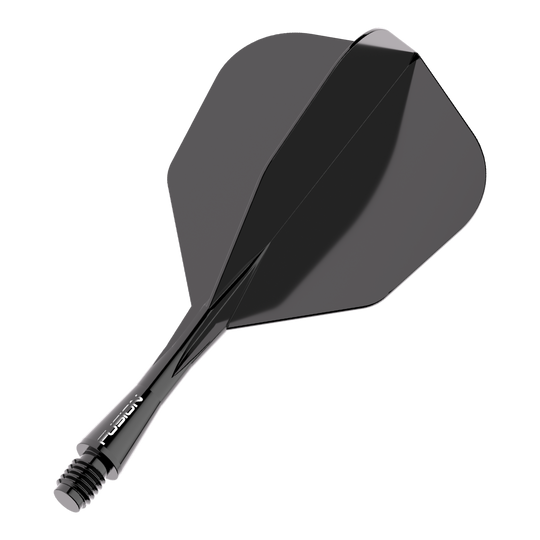 Winmau Fusion Flight Shaft System nr 6 czarny Das Bild zeigt ein schwarzes Dart Flight-Schaft-System. Es trägt den Schriftzug "FUSION" auf dem Schaft und hat eine glänzende Oberfläche.