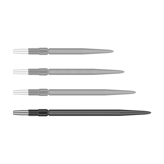 Końcówki do rzutek Target Swiss Point Nano Dart - czarne Auf dem Bild sind vier schwarze Dartspitzen nebeneinander angeordnet. Die Spitzen haben einen silbernen Ansatz und einen geriffelten Schaft.