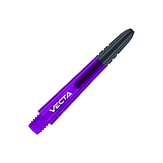 Winmau Vecta Shafts - fioletowo-czarne Das Bild zeigt einen lila und schwarzen Dart-Schaft mit der Aufschrift "VECTA". Der Schaft hat ein glattes, modernes Design und misst 37 mm.