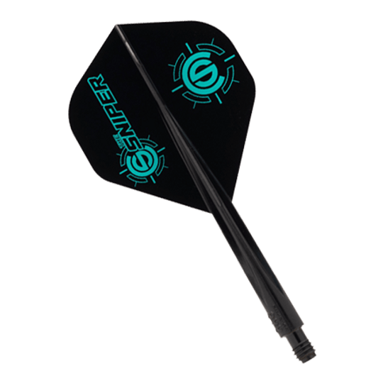 Condor AXE The Sniper Flight-System - Standard Das Bild zeigt das Produkt "Condor AXE The Sniper Flight-System - Standard". Es handelt sich um ein schwarzes Dart-Flight-System mit türkisfarbenen Logos und der Aufschrift "Sniper".