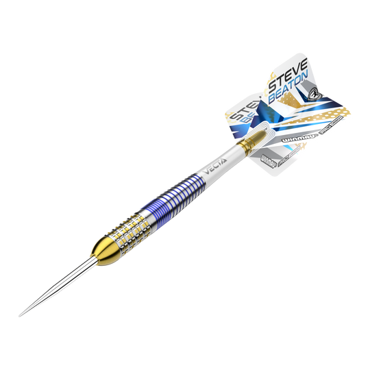 Das Bild zeigt einen Steeldart aus der Winmau Steve Beaton Legend Series. Der Dart hat ein farbenfrohes Design mit blauen, goldenen und silbernen Akzenten.