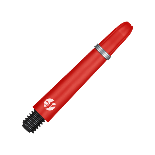 Wałki karbonowe Shot Koi - czerwone Auf dem Bild ist ein roter Carbon-Schaft für Dartpfeile zu sehen. Er hat ein silbernes Ringdetail und ein schwarzes Schraubgewinde am Ende.