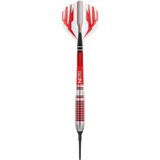 Das Bild zeigt einen Red Dragon Reflex Softdart mit einem Gewicht von 22 Gramm. Der Dart hat ein auffälliges Design in Rot, Silber und Weiß.