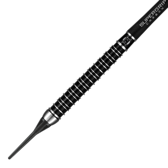 HA25138_Harrows_Supergrip_Ultra_Softdarts_2 Das Bild zeigt einen Harrows Supergrip Ultra Softdart. Der Dart ist schwarz mit silbernen Ringen und verfügt über eine feine Griffstruktur.