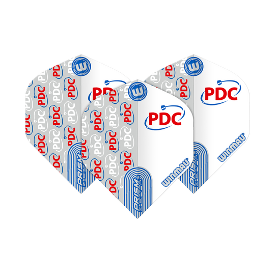 Das Bild zeigt eine Packung Winmau Prism Zeta PDC White Standard Flights. Die Flights sind überwiegend weiß mit blauen und roten PDC-Logos bedruckt.