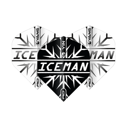 Red Dragon Gerwyn Price Iceman Czarno-Biały Yin Yang Standardowe Loty Das Bild zeigt Dart-Flights in einem Yin-Yang-Design in Schwarz und Weiß mit dem Schriftzug "ICEMAN" in der Mitte. Das Muster erinnert an Eiskristalle und trägt das Markenlogo "Red Dragon".