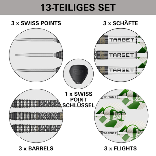Stalowe lotki Target Charlie Manby Swiss Points Das Bild zeigt die Target Charlie Manby Swiss Points Steeldarts. Sie eignen sich für professionelle Dartspieler.
