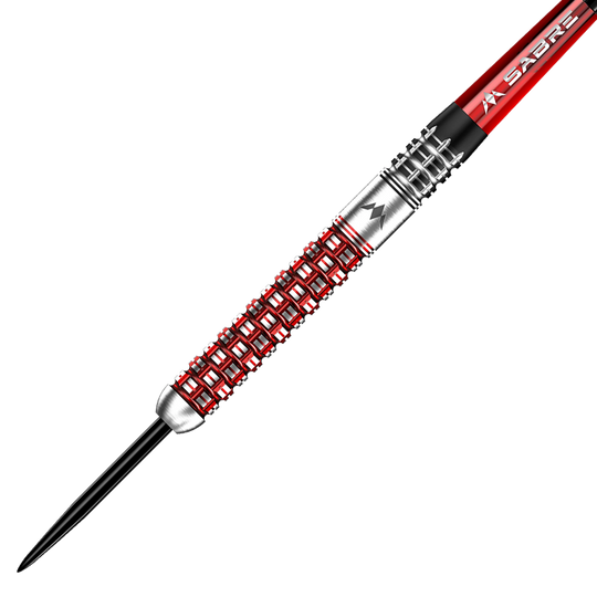 Das Bild zeigt einen Steeldartpfeil aus der Serie "Mission Roman Benecky Black Red" mit einem Gewicht von 24 Gramm. Der Dartpfeil hat ein auffälliges Design mit roten und silbernen Akzenten.