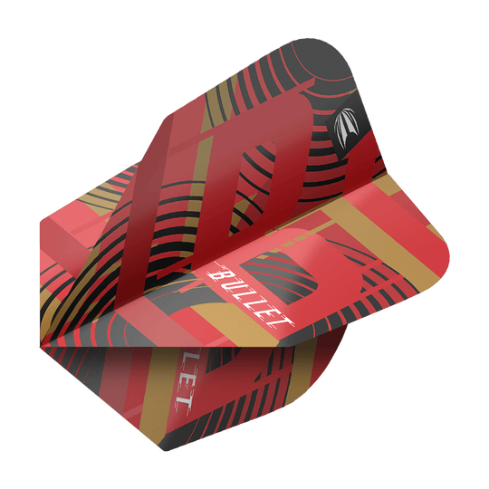 Lotki Target Pro Ultra Stephen Bunting GEN5 No6 - 3 zestawy Das Bild zeigt ein Dartflight aus der Serie "Target Pro Ultra Stephen Bunting GEN5 No6". Das Flight ist rot mit schwarzen und goldenen Akzenten und trägt die Aufschrift "BULLET".