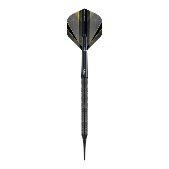 Das Bild zeigt einen Red Dragon Seren 1 Onyx Softdart mit einem Gewicht von 20g. Der Dart ist schwarz mit feinen gelben und grauen Akzenten auf den Flights gestaltet.