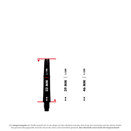 Dwukolorowe wałki L-L-Style-Shaft Locked Straight Natural9 - niebieskie Das Bild zeigt die Maße eines Shafts, wobei die Länge zwischen dem Ende des Gewindes und der oberen Kante gemessen wird. Die genauen Längenpunkte sind durch rote Linien markiert und das Gewinde wird nicht mit einberechnet.