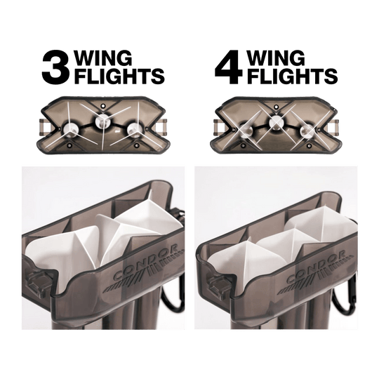 Futerał na lotki Condor DUAL Das Bild zeigt das Produkt "Condor DUAL Dartcase" mit Platz für entweder 3-Flügel- oder 4-Flügel-Dartflights. Es veranschaulicht, wie die jeweiligen Flights ordentlich im Case verstaut werden können.