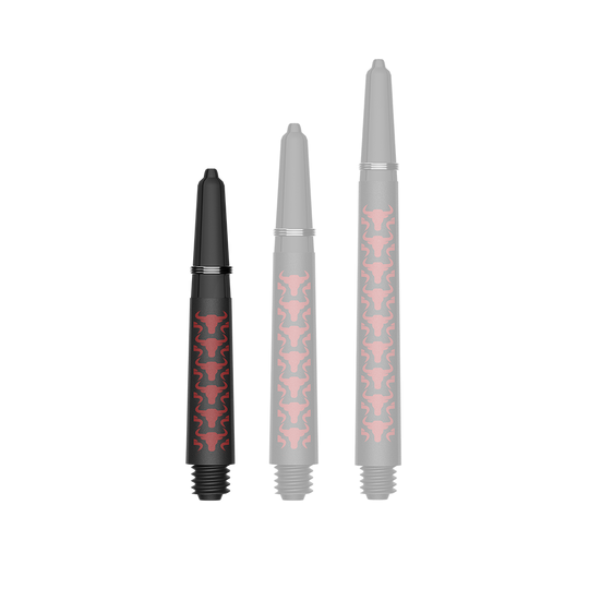 Wałki do głów Bulls NL Capo Carbon - czerwone Zu sehen ist ein Dartzubehör, speziell eine Capo Carbon Shaft in Rot und kurzer Ausführung mit 34mm Länge. Das Produkt dient vermutlich als Teil eines Dartpfeils.