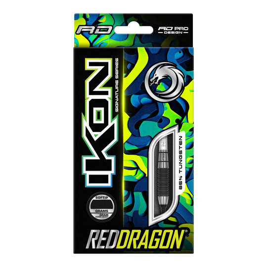Die Abbildung zeigt die Verpackung der "Red Dragon Ikon 2 Softdarts - 20g". Die Packung ist farbenfroh gestaltet und hebt die 85% Tungsten-Darts hervor.