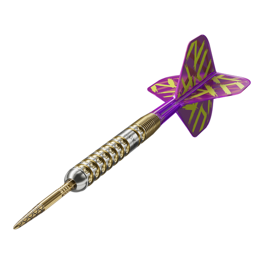 Lotki stalowe Target Luke Littler GEN1 Prodigy Swiss Point Das Bild zeigt einen Target Luke Littler GEN1 Prodigy Swiss Point Steeldart. Der Dart hat einen gold-silbernen Schaft und lila Flights mit gelbem Muster.