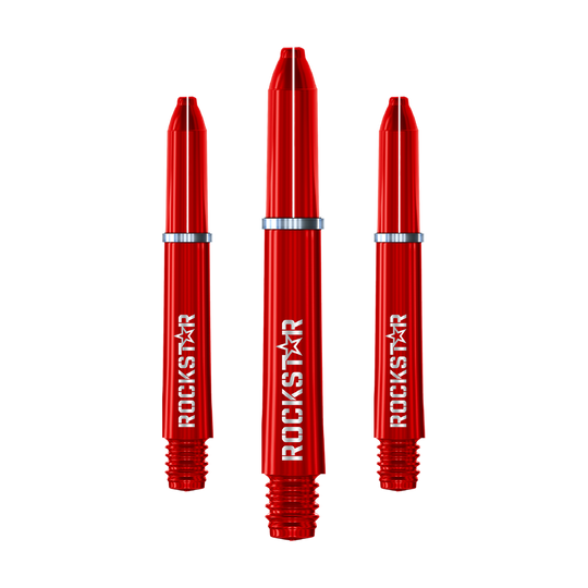 Winmau Joe Cullen Rockstar Nylonowe wałki Auf dem Bild sind drei rote Nylon-Dartschäfte mit der Aufschrift "ROCKSTAR" zu sehen. Sie haben silberne Ringe und sind nebeneinander angeordnet.